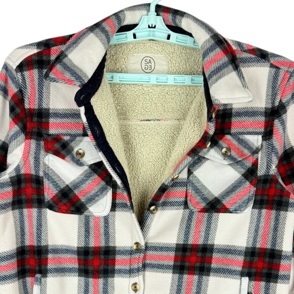 Sage Collective Women's Full Lined Plaid Fleece Grey/Red Shirt Jacket Size M - Picture 6 of 10